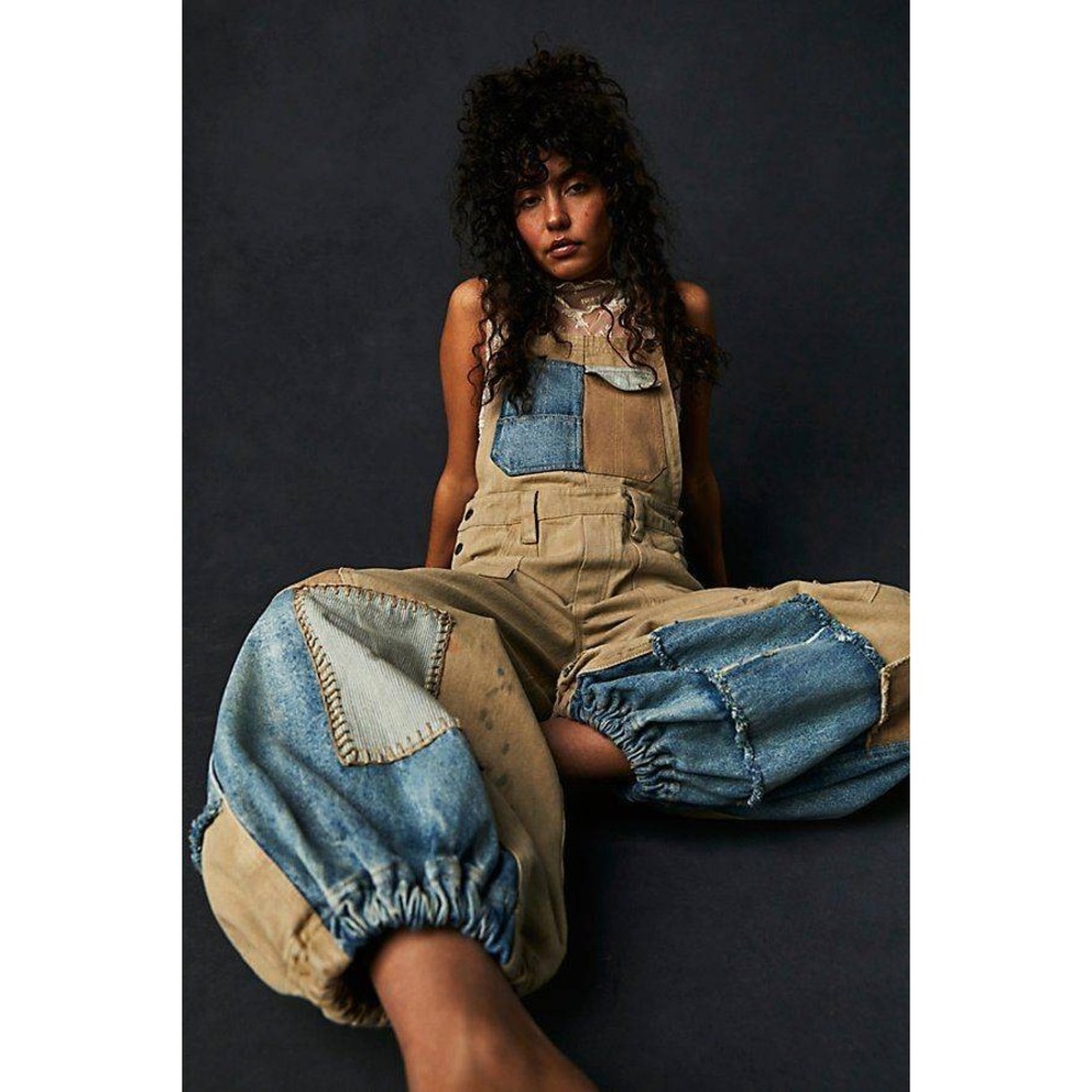 Free People We The Free Bittersweet Patchwork Embroidered Overalls Tan Blue L